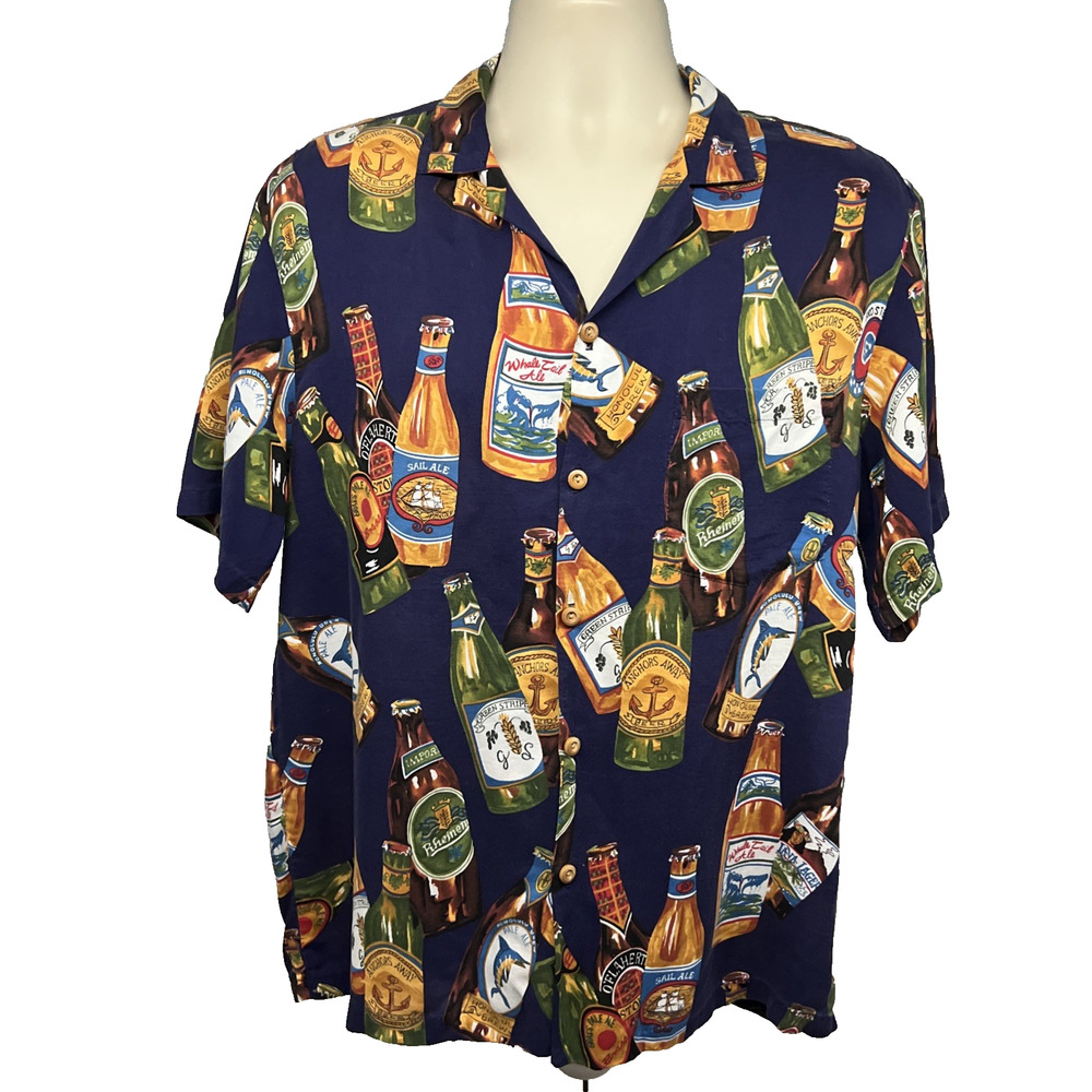 Paradise Found Vintage Hawaiian Button Up Shirt Large Pocket Beer Cocktails USA